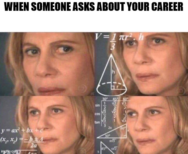 Math lady/Confused lady | WHEN SOMEONE ASKS ABOUT YOUR CAREER | image tagged in math lady/confused lady | made w/ Imgflip meme maker