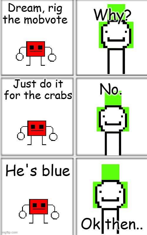The only time blue mob in a mob vote will be liked for winning | Why? Dream, rig the mobvote; Just do it for the crabs; No. He's blue; Ok then.. | image tagged in comic template 3x2,minecraft,minecraft memes,dream | made w/ Imgflip meme maker