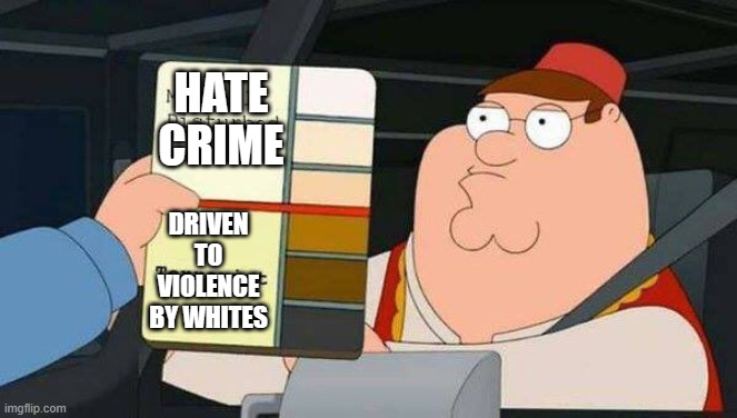 Only White people can be racist in 2023 apparently | HATE CRIME; DRIVEN TO VIOLENCE BY WHITES | image tagged in family guy,peter griffen | made w/ Imgflip meme maker