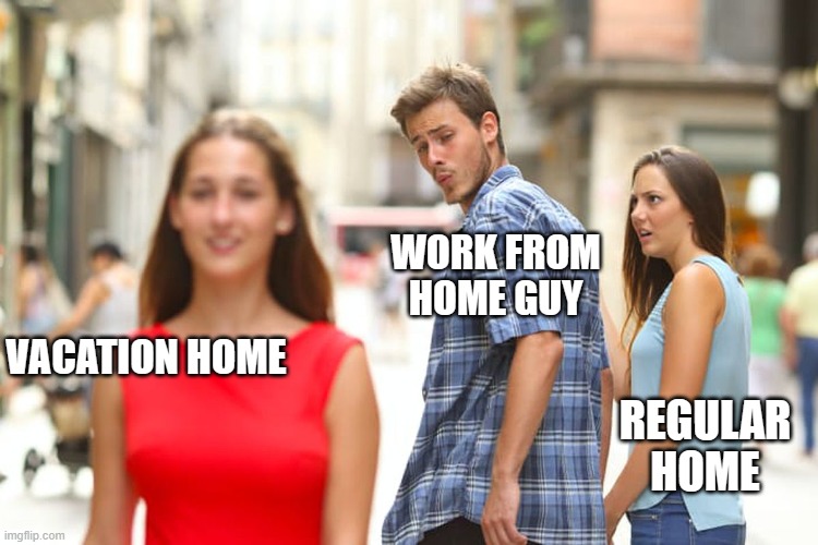 if homes were sentient | WORK FROM HOME GUY; VACATION HOME; REGULAR HOME | image tagged in memes,distracted boyfriend,work from home,digital nomad | made w/ Imgflip meme maker