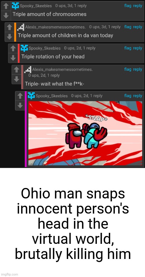 bro just wanted to make another cursed comment chain ? | Ohio man snaps innocent person's head in the virtual world, brutally killing him | image tagged in blank white template | made w/ Imgflip meme maker