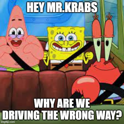Crash | HEY MR.KRABS; WHY ARE WE DRIVING THE WRONG WAY? | image tagged in spongebob patrick and mr krabs in a car,spongebob,patrick,mr krabs | made w/ Imgflip meme maker