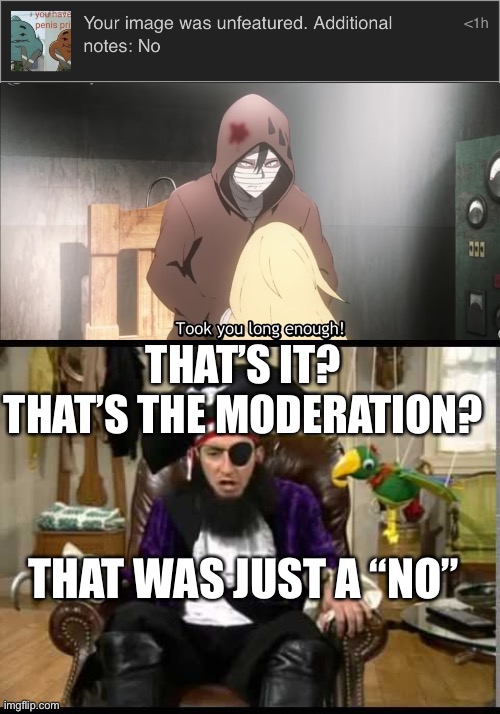 THAT’S IT? THAT’S THE MODERATION? THAT WAS JUST A “NO” | image tagged in took you long enough,patchy the pirate that's it | made w/ Imgflip meme maker