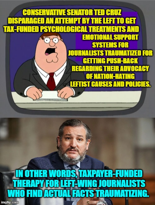 Sadly, this is true. | EMOTIONAL SUPPORT SYSTEMS FOR JOURNALISTS TRAUMATIZED FOR GETTING PUSH-BACK REGARDING THEIR ADVOCACY OF NATION-HATING LEFTIST CAUSES AND POLICIES. CONSERVATIVE SENATOR TED CRUZ DISPARAGED AN ATTEMPT BY THE LEFT TO GET TAX-FUNDED PSYCHOLOGICAL TREATMENTS AND; IN OTHER WORDS, TAXPAYER-FUNDED THERAPY FOR LEFT-WING JOURNALISTS WHO FIND ACTUAL FACTS TRAUMATIZING. | image tagged in peter griffin news | made w/ Imgflip meme maker