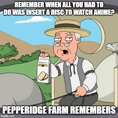 None of this difficult signing in stuff on streaming services! | REMEMBER WHEN ALL YOU HAD TO DO WAS INSERT A DISC TO WATCH ANIME? PEPPERIDGE FARM REMEMBERS | image tagged in memes,pepperidge farm remembers | made w/ Imgflip meme maker