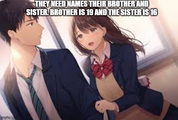 please give them a good name remember top comment at 29 upvotes is their names | THEY NEED NAMES THEIR BROTHER AND SISTER. BROTHER IS 19 AND THE SISTER IS 16 | made w/ Imgflip meme maker