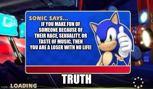 Sonic Says | IF YOU MAKE FUN OF SOMEONE BECAUSE OF THEIR RACE, SEXUALITY, OR TASTE OF MUSIC, THEN YOU ARE A LOSER WITH NO LIFE! TRUTH | image tagged in sonic says | made w/ Imgflip meme maker