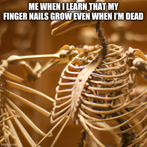 Skeleton drake | ME WHEN I LEARN THAT MY FINGER NAILS GROW EVEN WHEN I’M DEAD | image tagged in skeleton drake | made w/ Imgflip meme maker