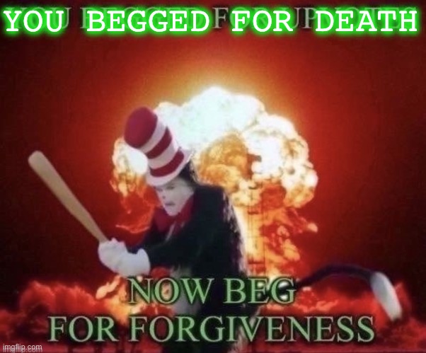 Beg for forgiveness | YOU BEGGED FOR DEATH | image tagged in beg for forgiveness | made w/ Imgflip meme maker