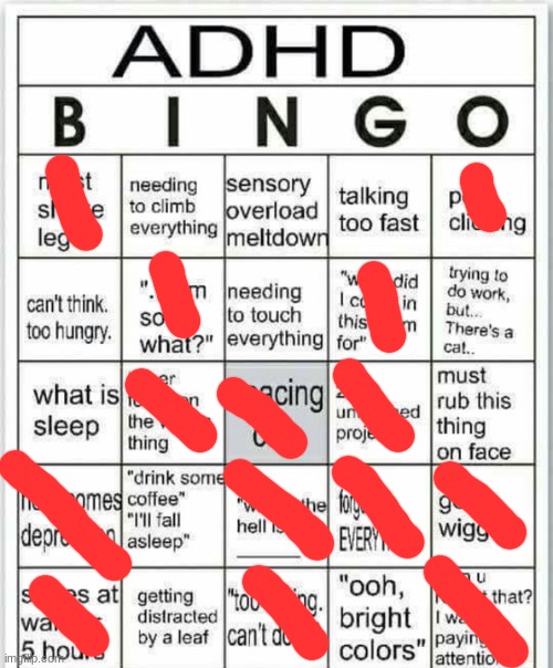 think I have ADHD cus' thats almost all the boxes filled up | image tagged in adhd bingo | made w/ Imgflip meme maker