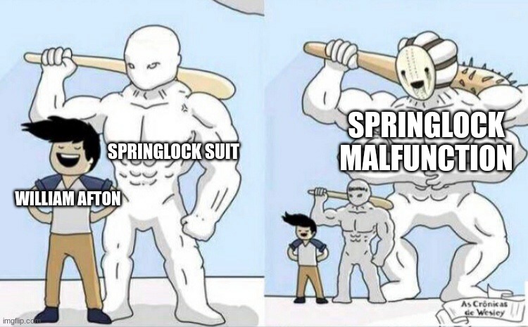 Bigger monster | SPRINGLOCK MALFUNCTION; SPRINGLOCK SUIT; WILLIAM AFTON | image tagged in bigger monster,fnaf,funny,fun,goofy ah | made w/ Imgflip meme maker