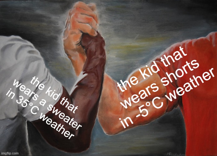 why do i keep making imgflip wars? | the kid that wears shorts in -5°C weather; the kid that wears a sweater in 35°C weather | image tagged in memes,epic handshake | made w/ Imgflip meme maker
