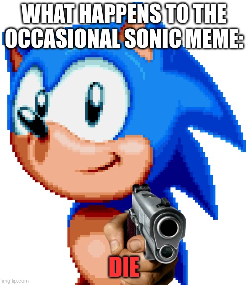 sonic with a gun | WHAT HAPPENS TO THE OCCASIONAL SONIC MEME:; DIE | image tagged in sonic with a gun | made w/ Imgflip meme maker