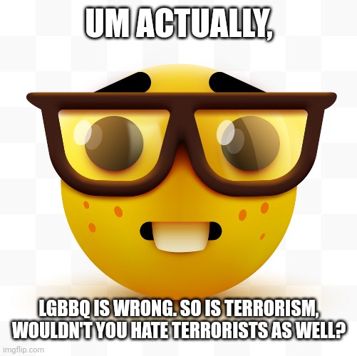 Nerd emoji | UM ACTUALLY, LGBBQ IS WRONG. SO IS TERRORISM, WOULDN'T YOU HATE TERRORISTS AS WELL? | image tagged in nerd emoji | made w/ Imgflip meme maker