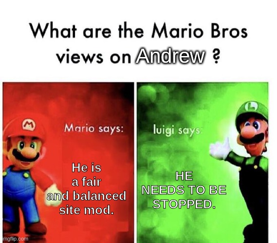 Mario Bros Views | Andrew; He is a fair and balanced site mod. HE NEEDS TO BE STOPPED. | image tagged in mario bros views | made w/ Imgflip meme maker