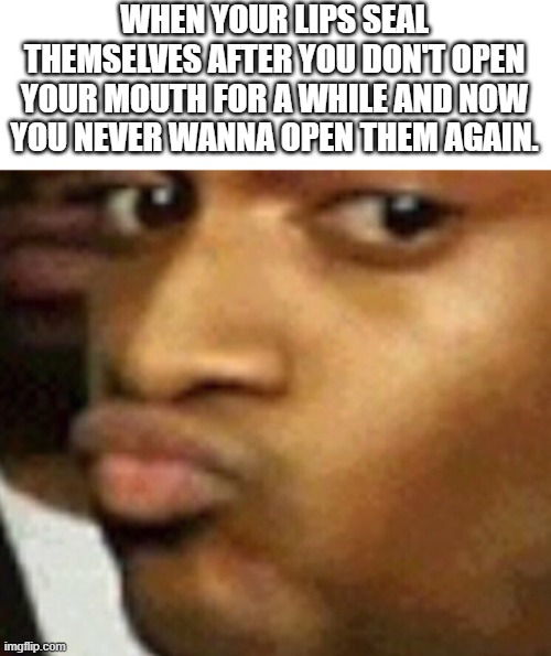 Relatable | WHEN YOUR LIPS SEAL THEMSELVES AFTER YOU DON'T OPEN YOUR MOUTH FOR A WHILE AND NOW YOU NEVER WANNA OPEN THEM AGAIN. | image tagged in shut,sealed shut | made w/ Imgflip meme maker