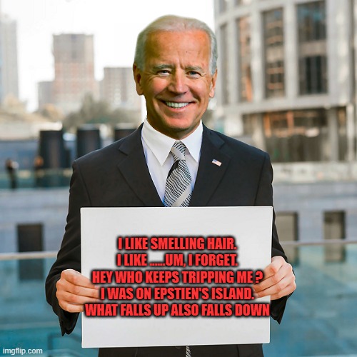 Joe's political sayings | I LIKE SMELLING HAIR.
I LIKE ......UM, I FORGET.
HEY WHO KEEPS TRIPPING ME ?
I WAS ON EPSTIEN'S ISLAND.
WHAT FALLS UP ALSO FALLS DOWN | image tagged in joe biden blank sign,president_joe_biden,political humor,america | made w/ Imgflip meme maker