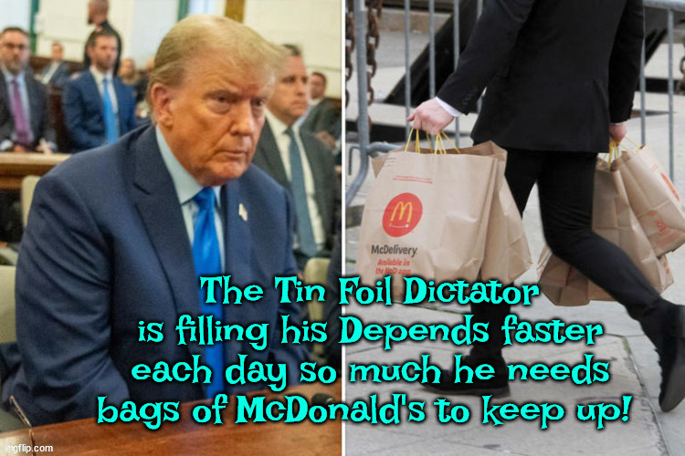 McDepends | The Tin Foil Dictator is filling his Depends faster each day so much he needs bags of McDonald's to keep up! | image tagged in donald trump,courtroom pooper,fraud,maga,mcdonald's,felon | made w/ Imgflip meme maker
