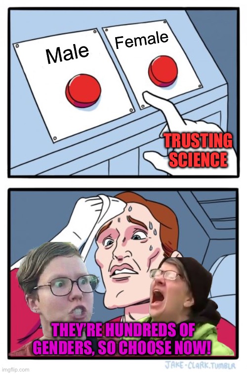 Two Buttons | Female; Male; TRUSTING SCIENCE; THEY’RE HUNDREDS OF GENDERS, SO CHOOSE NOW! | image tagged in two buttons,2 genders,science,lgbtq,republicans,donald trump | made w/ Imgflip meme maker