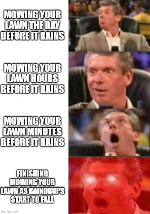 Yardeners know what I'm talking about | MOWING YOUR LAWN THE DAY BEFORE IT RAINS; MOWING YOUR LAWN HOURS BEFORE IT RAINS; MOWING YOUR LAWN MINUTES BEFORE IT RAINS; FINISHING MOWING YOUR LAWN AS RAINDROPS START TO FALL | image tagged in mr mcmahon reaction | made w/ Imgflip meme maker