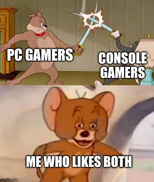 why can't we just get along? | PC GAMERS; CONSOLE GAMERS; ME WHO LIKES BOTH | image tagged in tom and jerry swordfight | made w/ Imgflip meme maker