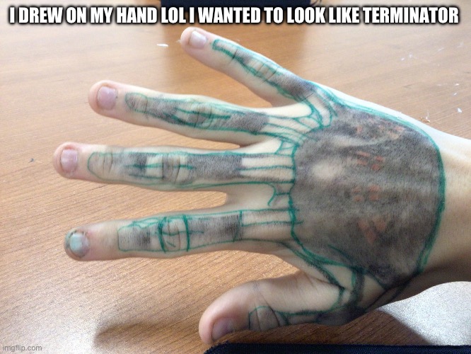 I tried | I DREW ON MY HAND LOL I WANTED TO LOOK LIKE TERMINATOR | image tagged in lmao | made w/ Imgflip meme maker