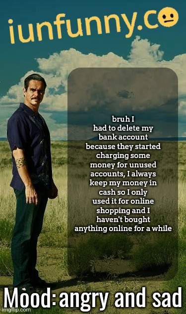 iUnFunny's Lalo Salamanca Template | bruh I had to delete my bank account because they started charging some money for unused accounts, I always keep my money in cash so I only used it for online shopping and I haven't bought anything online for a while; angry and sad | image tagged in iunfunny's lalo salamanca template | made w/ Imgflip meme maker