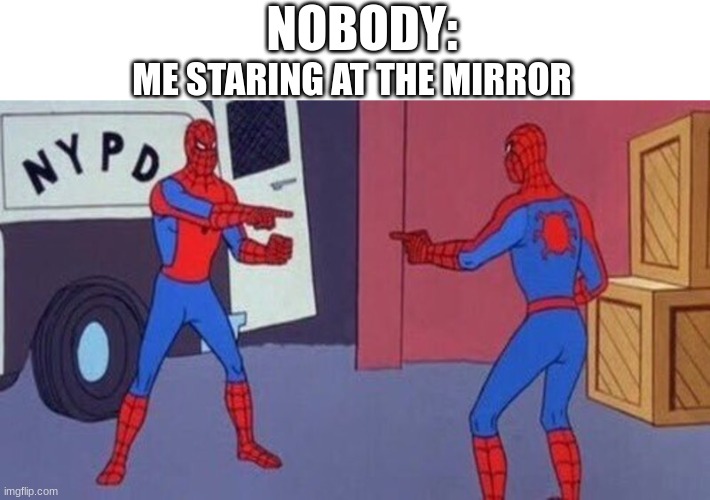 this my childhood memories | NOBODY:; ME STARING AT THE MIRROR | image tagged in spiderman pointing at spiderman,spiderman mirror | made w/ Imgflip meme maker