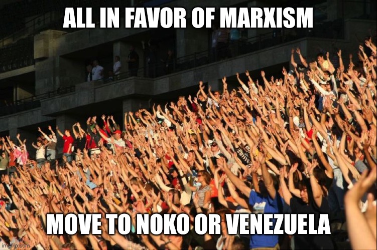 Raise your hands crowd | ALL IN FAVOR OF MARXISM MOVE TO NOKO OR VENEZUELA | image tagged in raise your hands crowd | made w/ Imgflip meme maker