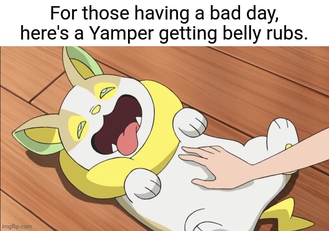 For those having a bad day, here's a Yamper getting belly rubs. | image tagged in pokemon,wholesome,memes | made w/ Imgflip meme maker