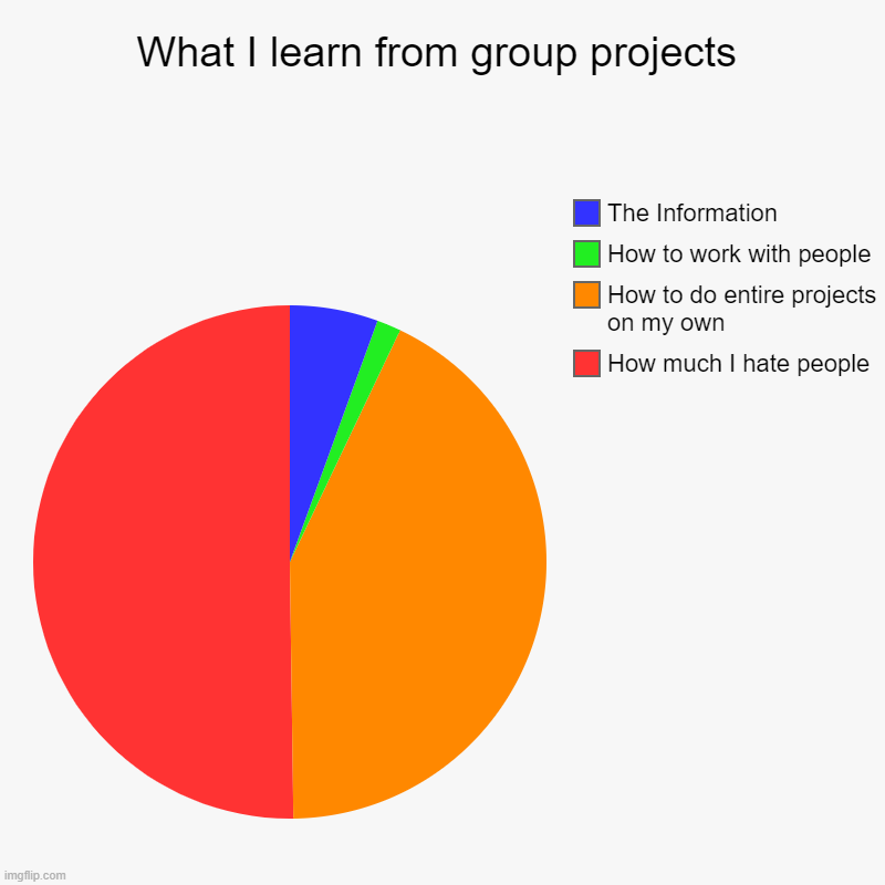 Vent | What I learn from group projects | How much I hate people, How to do entire projects on my own, How to work with people, The Information | image tagged in charts,pie charts | made w/ Imgflip chart maker