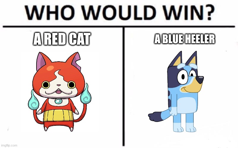 when will there be a bluey x yo-kai watch crossover? | A BLUE HEELER; A RED CAT | image tagged in memes,who would win | made w/ Imgflip meme maker