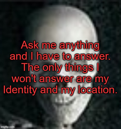 . | Ask me anything and I have to answer. The only things I won't answer are my Identity and my location. | image tagged in skull | made w/ Imgflip meme maker