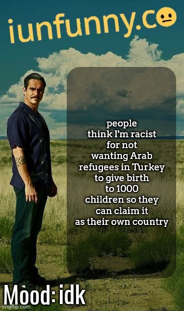 I do like Arabs but I want Turkey to be a Turk country | people think I'm racist for not wanting Arab refugees in Turkey to give birth to 1000 children so they can claim it as their own country; idk | image tagged in iunfunny's lalo salamanca template | made w/ Imgflip meme maker