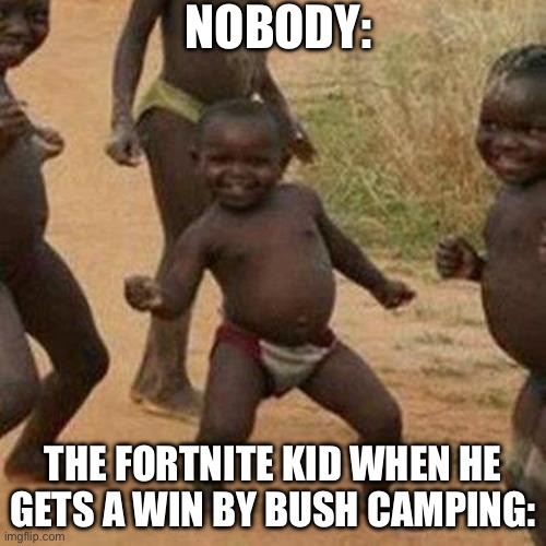 Third World Success Kid Meme | NOBODY:; THE FORTNITE KID WHEN HE GETS A WIN BY BUSH CAMPING: | image tagged in memes,third world success kid | made w/ Imgflip meme maker