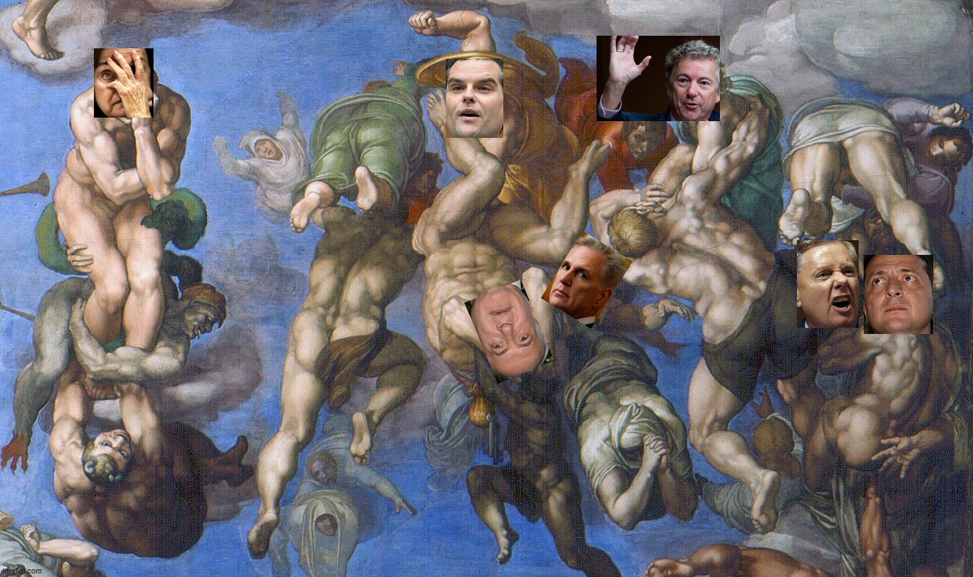 Two Angels Sending Damned Souls to Hell in Michelangelo's Last Judgement | image tagged in dianne feinstein,rand paul,ukraine,russia,war | made w/ Imgflip meme maker