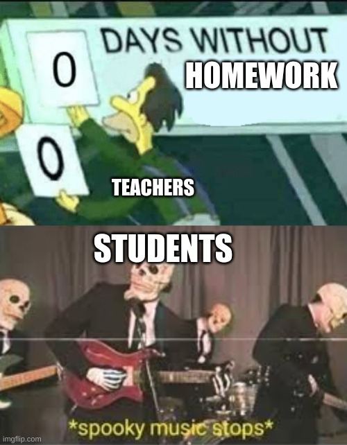 HOMEWORK; TEACHERS; STUDENTS | image tagged in 0 days without lenny simpsons,spooky music stops | made w/ Imgflip meme maker