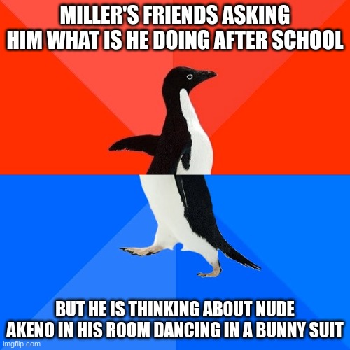 Socially Awesome Awkward Penguin Meme | MILLER'S FRIENDS ASKING HIM WHAT IS HE DOING AFTER SCHOOL; BUT HE IS THINKING ABOUT NUDE AKENO IN HIS ROOM DANCING IN A BUNNY SUIT | image tagged in memes,socially awesome awkward penguin | made w/ Imgflip meme maker
