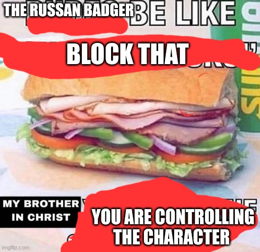 Brother in Christ Subway | THE RUSSAN BADGER; BLOCK THAT; YOU ARE CONTROLLING THE CHARACTER | image tagged in brother in christ subway | made w/ Imgflip meme maker