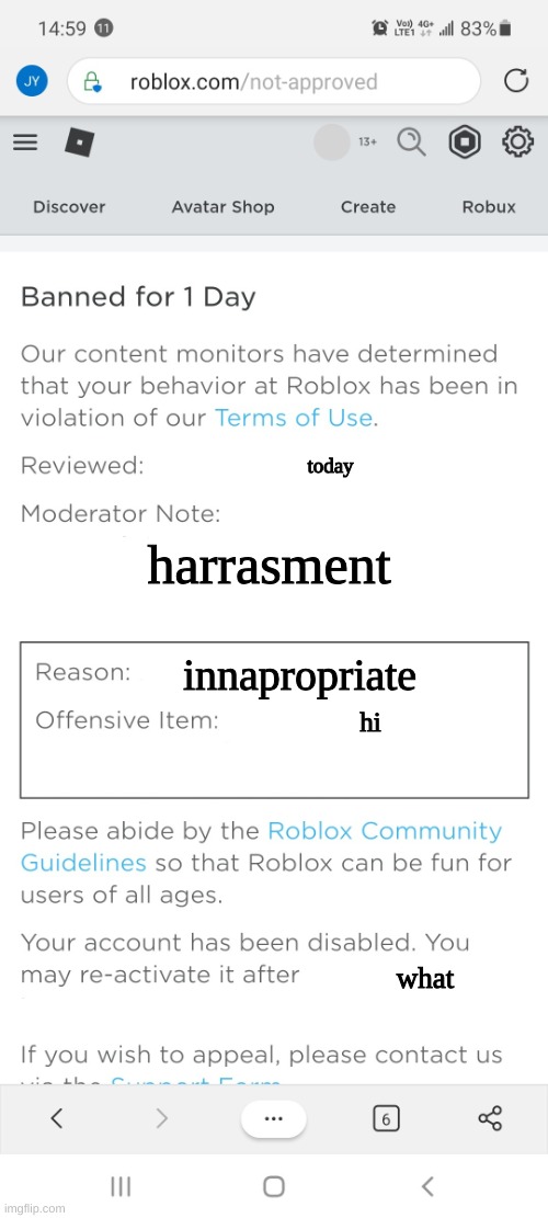 Banned from roblox new interface | today; harrasment; innapropriate; hi; what | image tagged in banned from roblox new interface | made w/ Imgflip meme maker