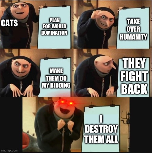 5 panel gru meme | PLAN FOR WORLD DOMINATION; TAKE OVER HUMANITY; CATS; THEY FIGHT BACK; MAKE THEM DO MY BIDDING; I DESTROY THEM ALL | image tagged in 5 panel gru meme | made w/ Imgflip meme maker