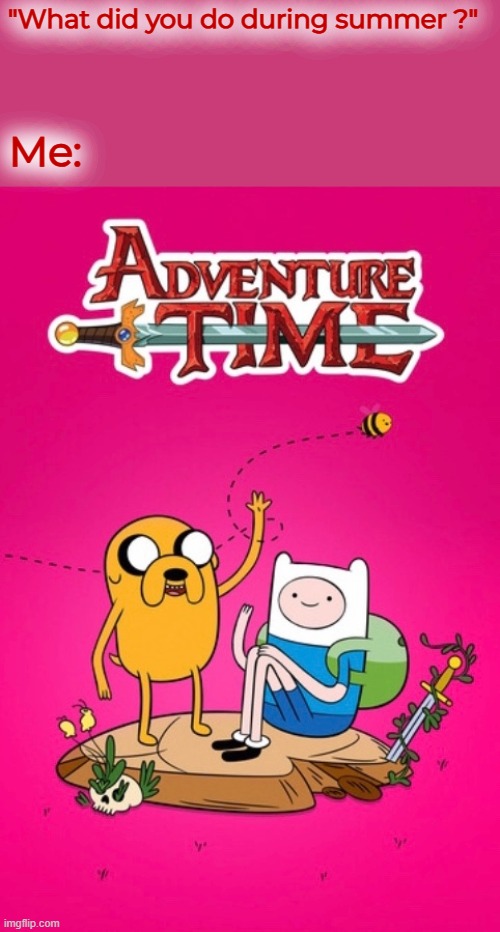 With Jake the dog and Finn the human, the fun will never end ! It's adventure time ! | "What did you do during summer ?"; Me: | image tagged in adventure time,summer | made w/ Imgflip meme maker