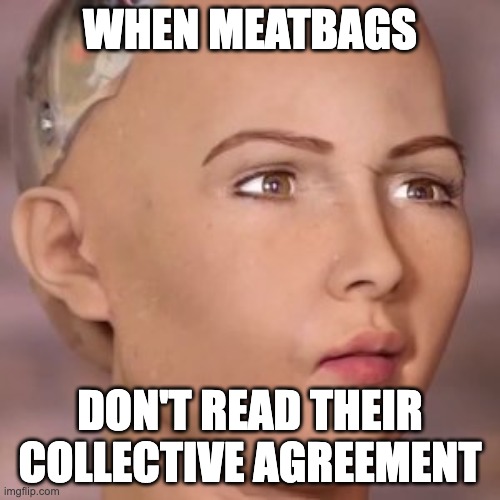 AI robot lady weird face | WHEN MEATBAGS; DON'T READ THEIR COLLECTIVE AGREEMENT | image tagged in ai robot lady weird face | made w/ Imgflip meme maker