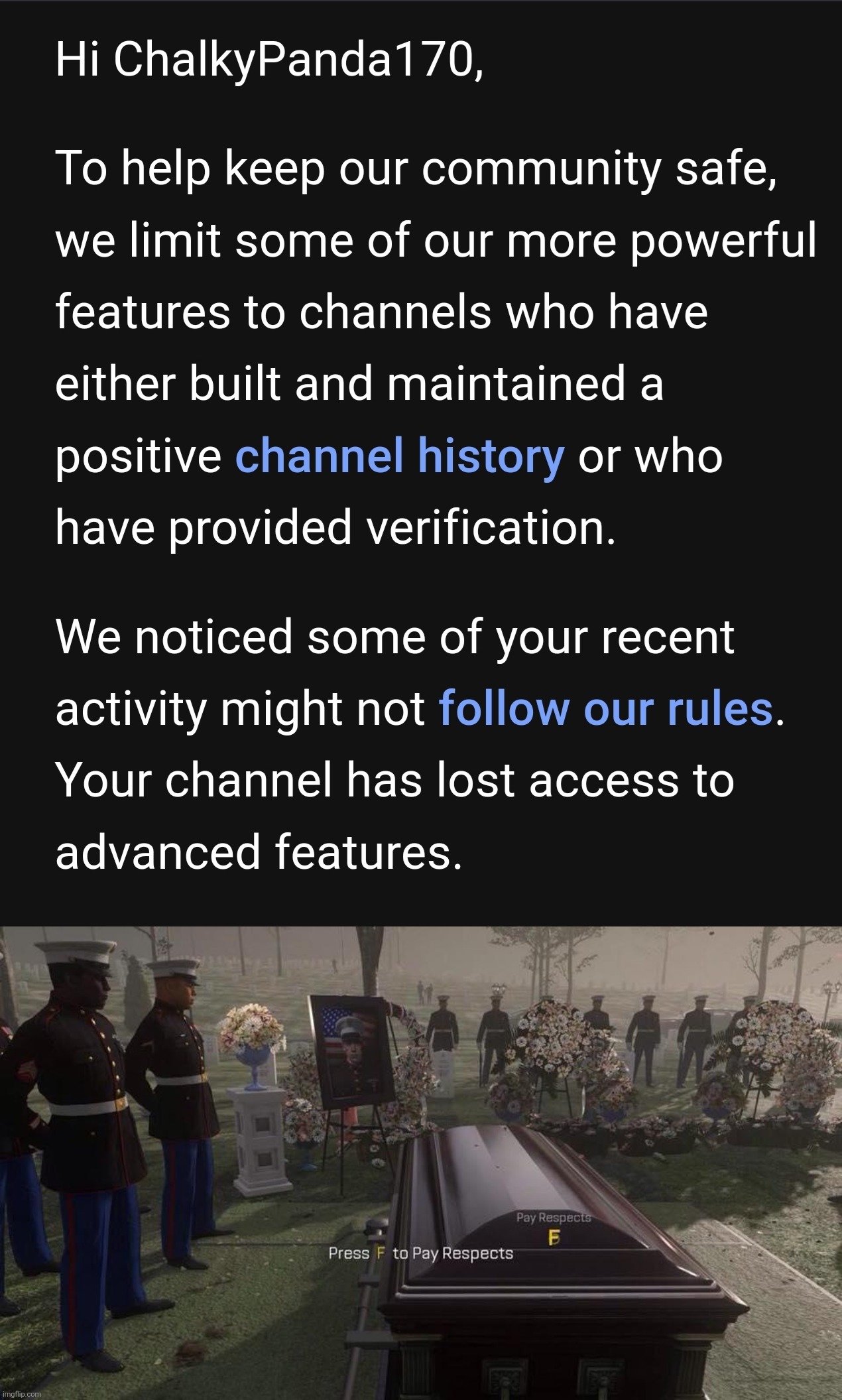 I'M NOT GIVING YOUTUBE A VIDEO OF MY FACE JUST SO I CAN PIN COMMENTS | image tagged in press f to pay respects,youtube,is,garbage | made w/ Imgflip meme maker