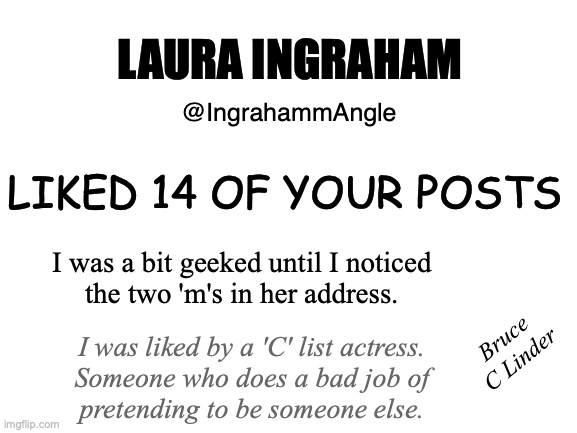 Laura Ingraham | LAURA INGRAHAM; @IngrahammAngle; LIKED 14 OF YOUR POSTS; I was a bit geeked until I noticed
the two 'm's in her address. Bruce
C Linder; I was liked by a 'C' list actress.
Someone who does a bad job of
pretending to be someone else. | image tagged in laura ingraham,liked,c list actress,ingraham angle,almost famous | made w/ Imgflip meme maker