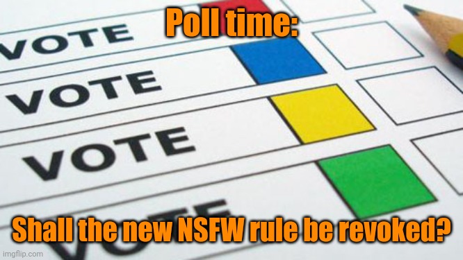 I'm doing this so I can send it to surly and Andrew to get it removed | Poll time:; Shall the new NSFW rule be revoked? | image tagged in political poll,memes,funny,poll,nsfw | made w/ Imgflip meme maker