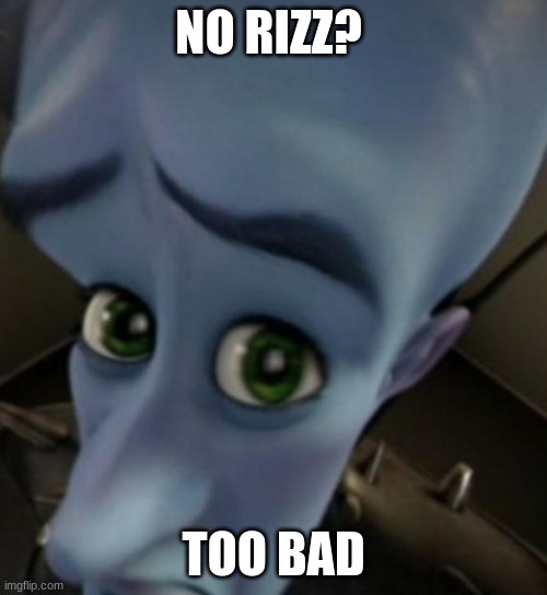 Megamind no bitches | NO RIZZ? TOO BAD | image tagged in megamind no bitches | made w/ Imgflip meme maker