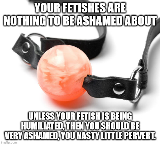 Fetishes are fine | YOUR FETISHES ARE NOTHING TO BE ASHAMED ABOUT; UNLESS YOUR FETISH IS BEING HUMILIATED, THEN YOU SHOULD BE VERY ASHAMED, YOU NASTY LITTLE PERVERT. | made w/ Imgflip meme maker