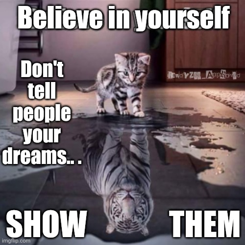 RISE UP | Believe in yourself; Don't tell people your dreams.. . SHOW              THEM | image tagged in rise up,randyzee_approved,kitty cat,tiger | made w/ Imgflip meme maker