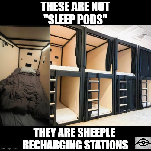 THESE ARE NOT
"SLEEP PODS"; THEY ARE SHEEPLE 
RECHARGING STATIONS | image tagged in sleep pods,sheeple | made w/ Imgflip meme maker